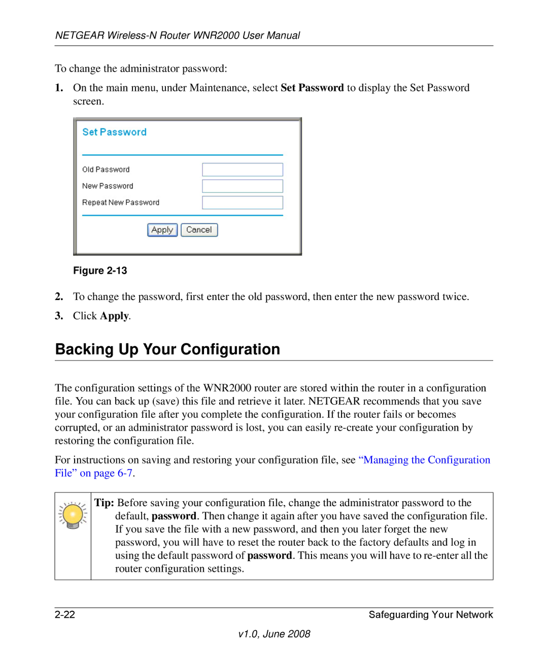 NETGEAR WNR2000-100NAS user manual Backing Up Your Configuration 