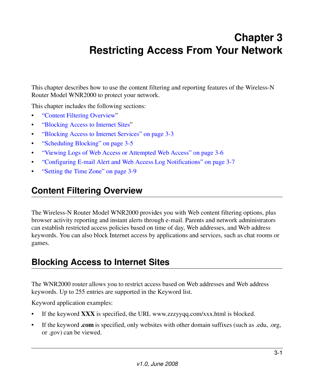 NETGEAR WNR2000-100NAS Restricting Access From Your Network, Content Filtering Overview, Blocking Access to Internet Sites 