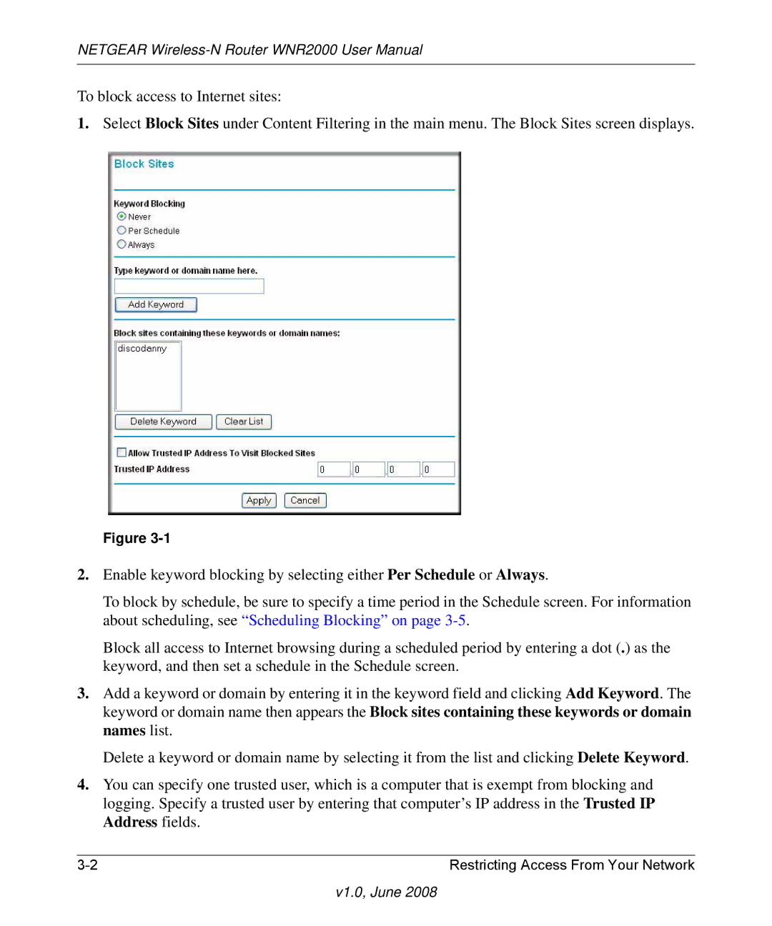 NETGEAR WNR2000-100NAS user manual Restricting Access From Your Network 