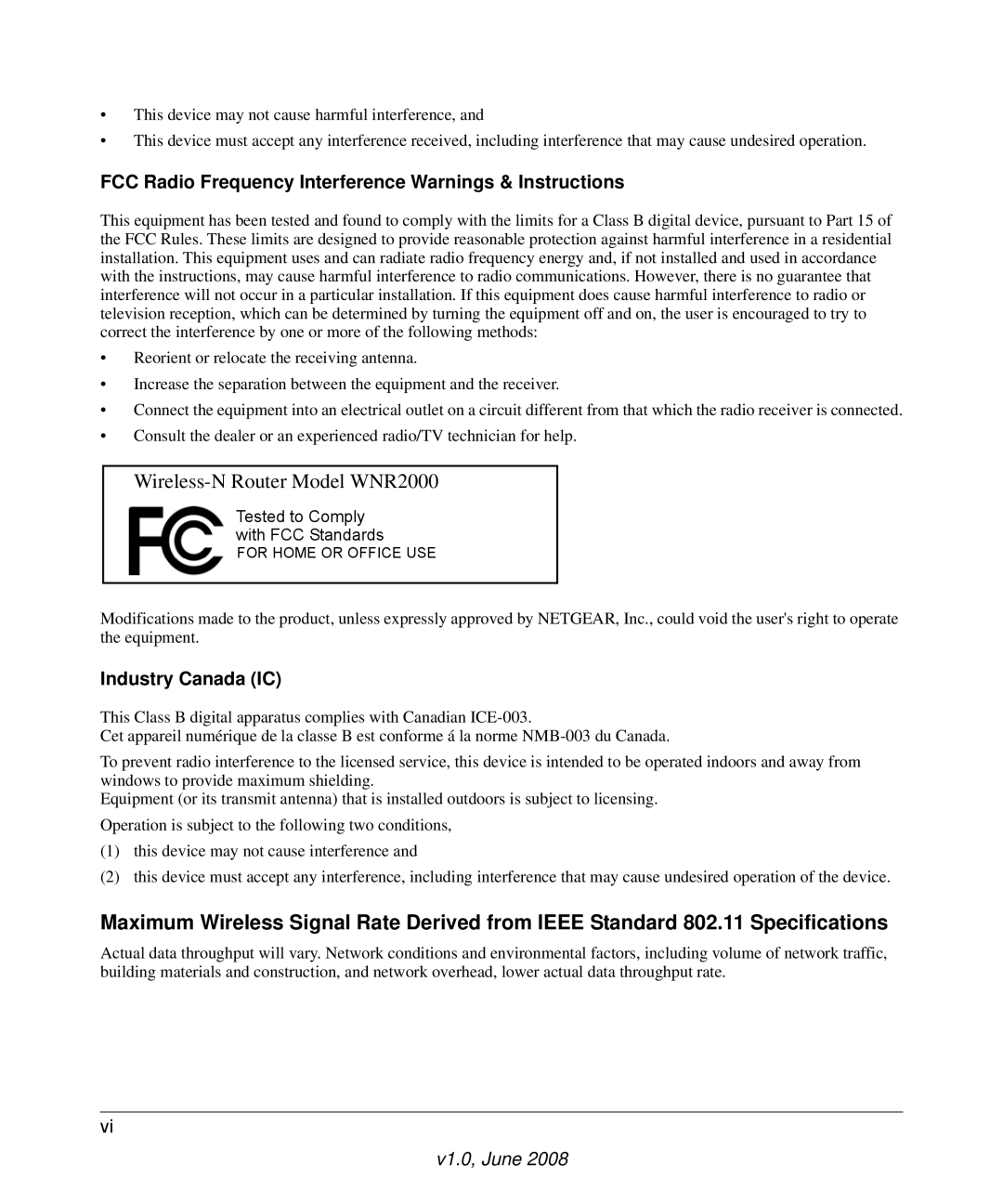 NETGEAR WNR2000-100NAS user manual FCC Radio Frequency Interference Warnings & Instructions, Industry Canada IC 