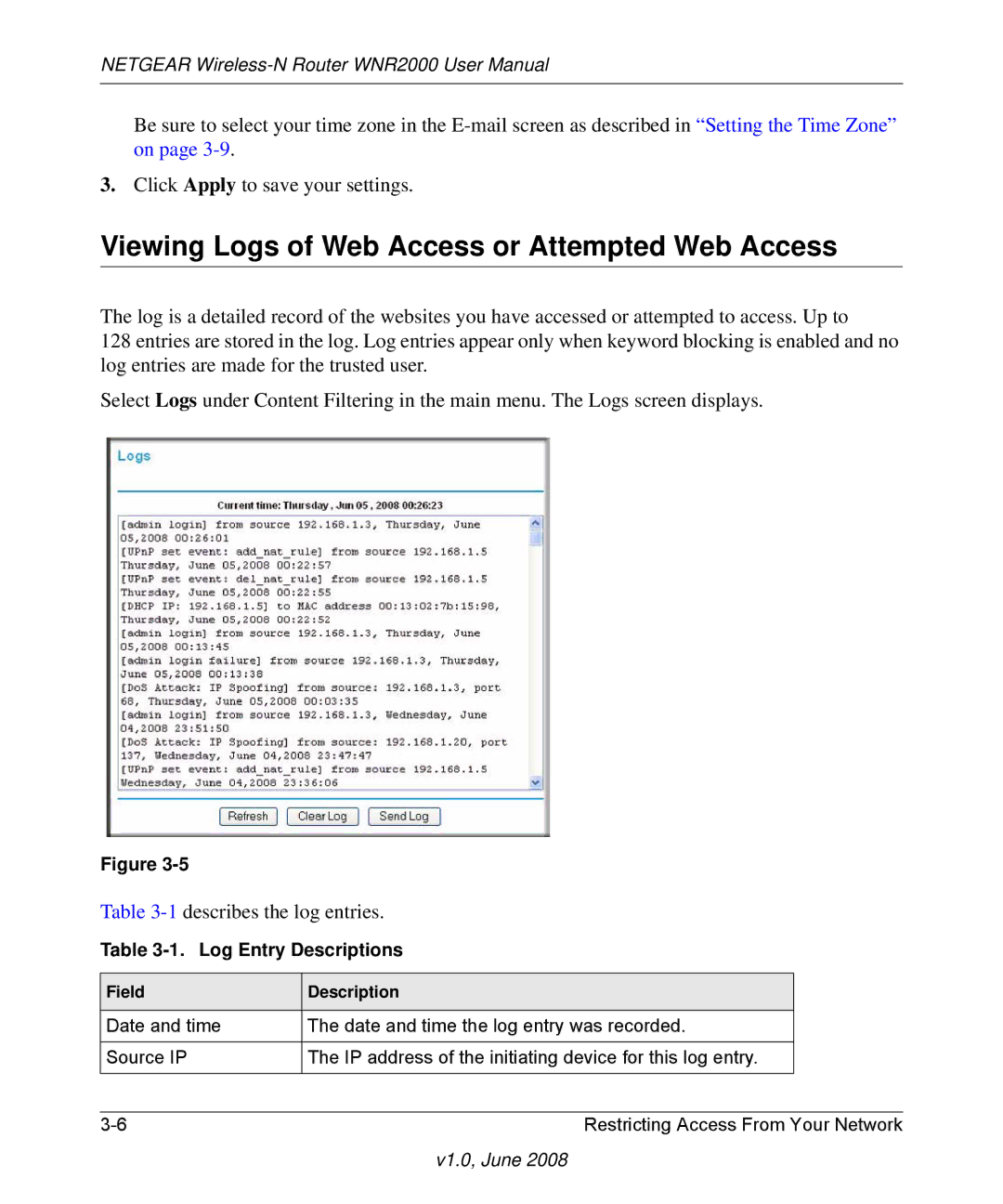 NETGEAR WNR2000-100NAS user manual Viewing Logs of Web Access or Attempted Web Access, Log Entry Descriptions 