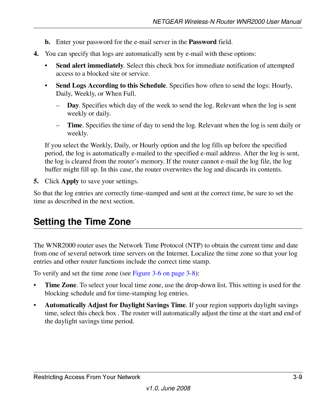 NETGEAR WNR2000-100NAS user manual Setting the Time Zone 