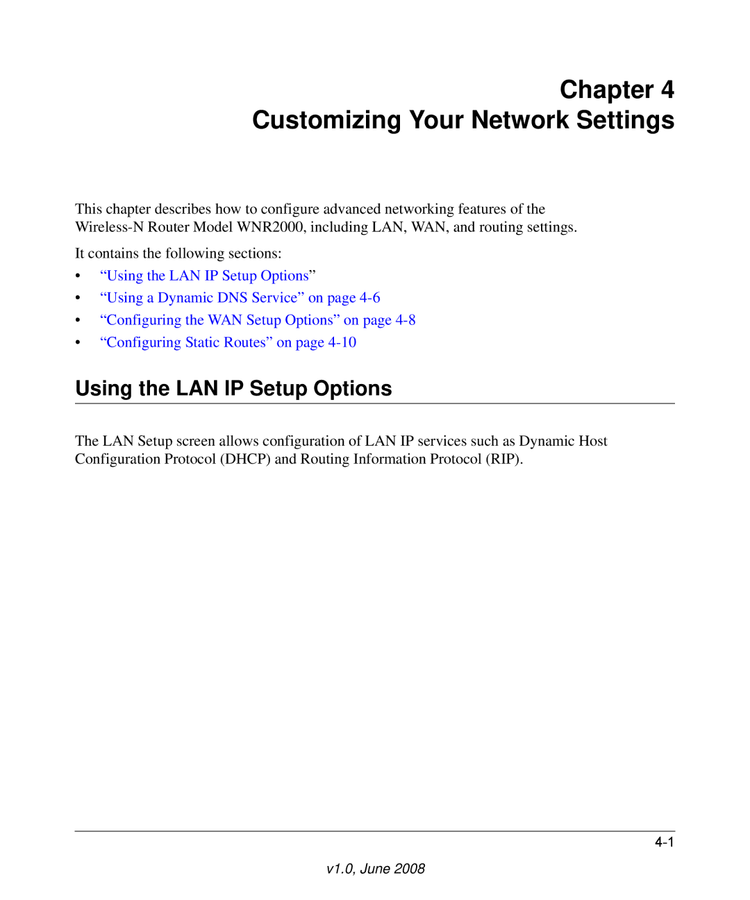 NETGEAR WNR2000-100NAS user manual Chapter Customizing Your Network Settings, Using the LAN IP Setup Options 