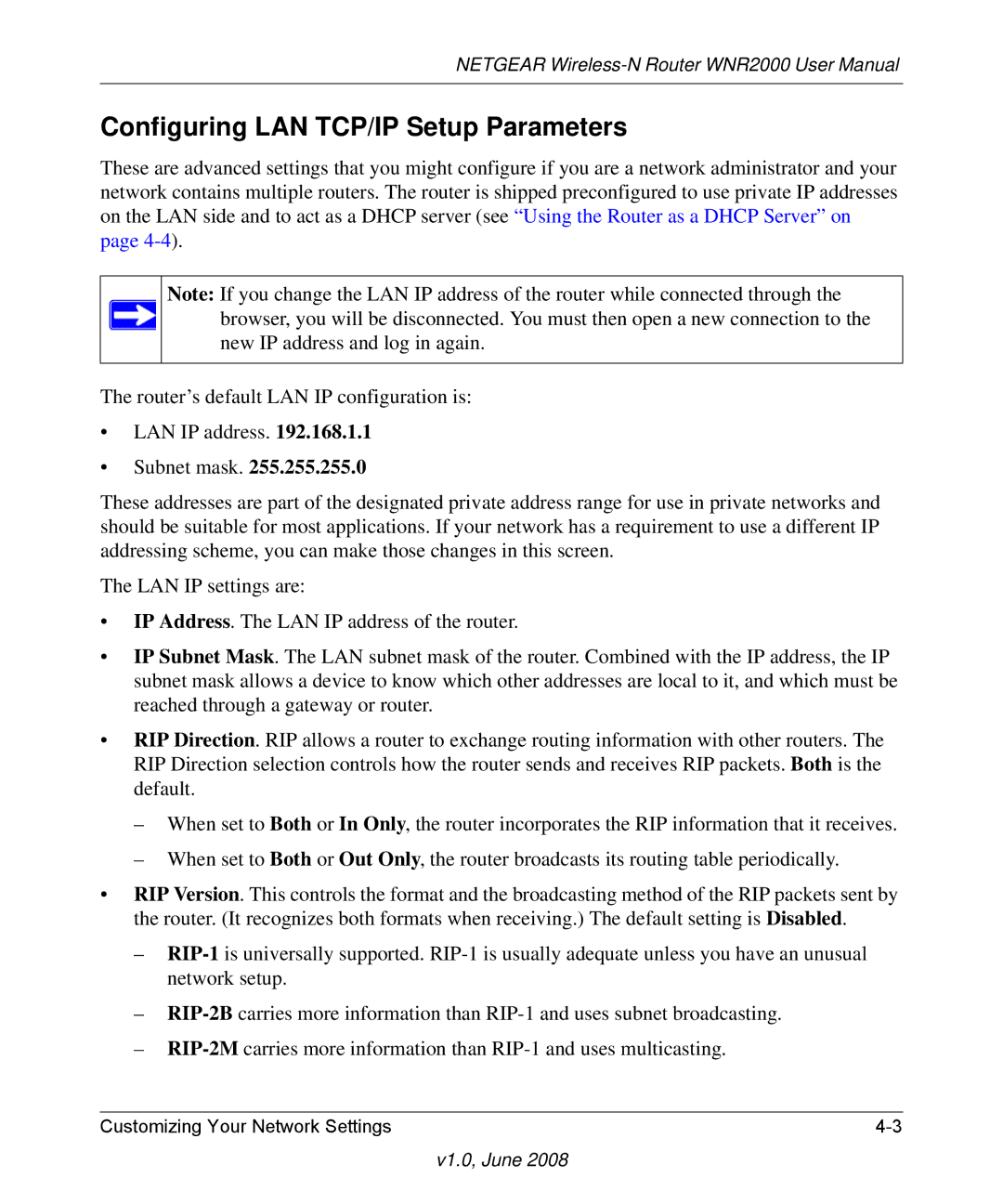 NETGEAR WNR2000-100NAS user manual Configuring LAN TCP/IP Setup Parameters 