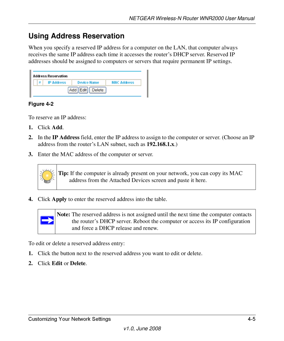 NETGEAR WNR2000-100NAS user manual Using Address Reservation 