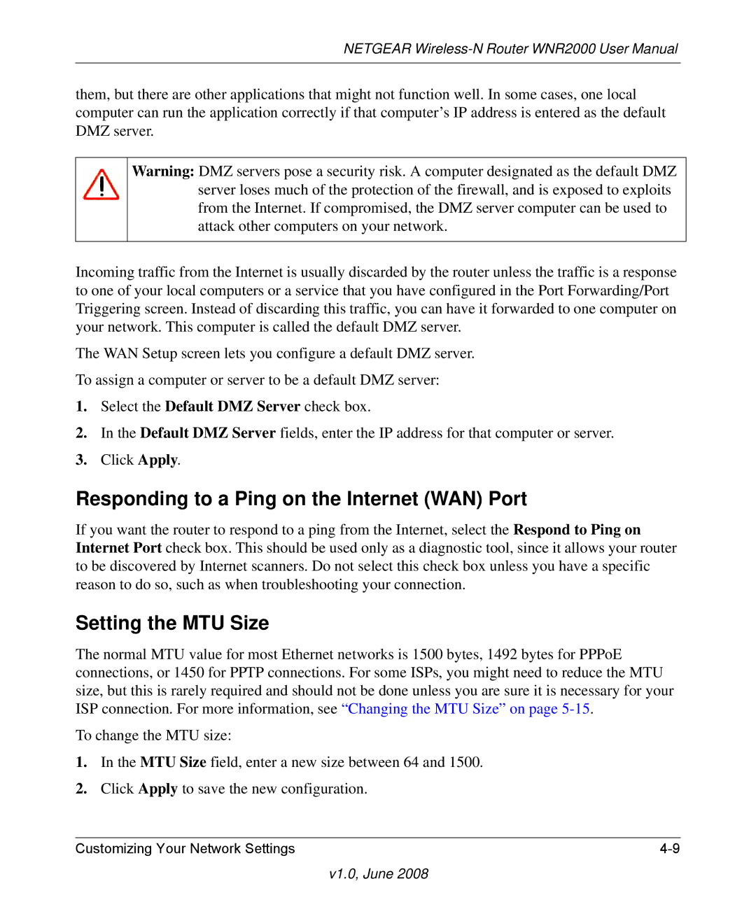 NETGEAR WNR2000-100NAS user manual Responding to a Ping on the Internet WAN Port, Setting the MTU Size 