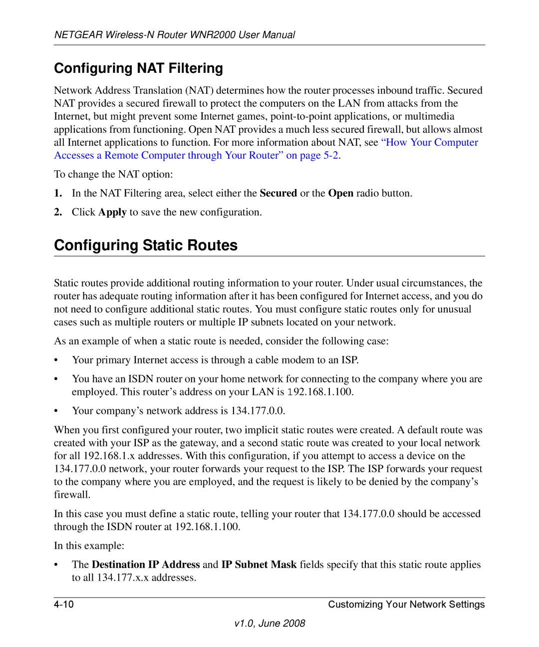 NETGEAR WNR2000-100NAS user manual Configuring Static Routes, Configuring NAT Filtering 