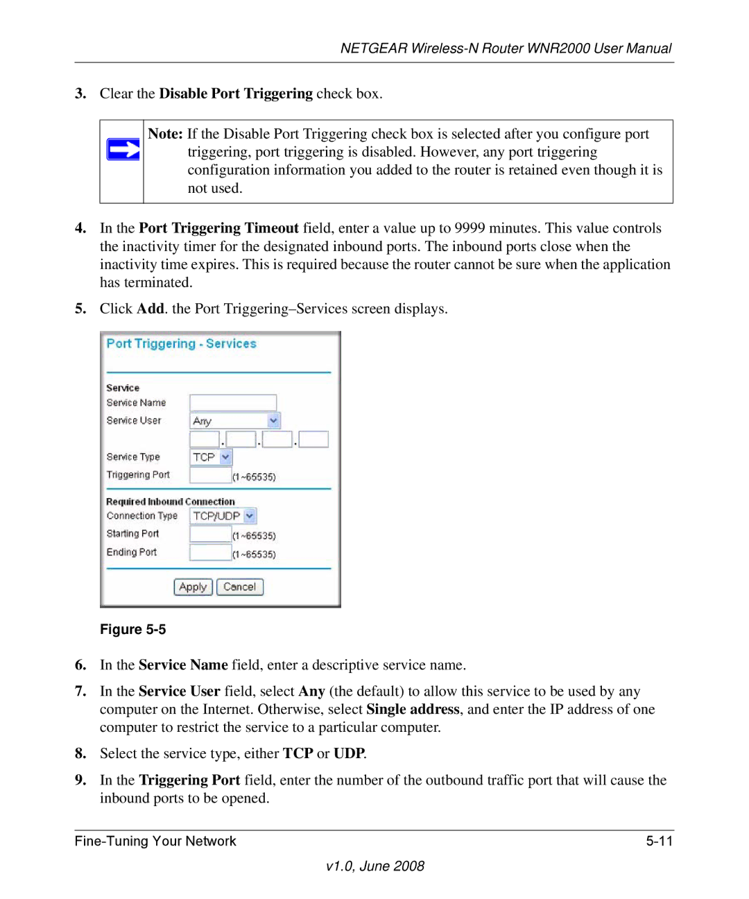 NETGEAR WNR2000-100NAS user manual Clear the Disable Port Triggering check box 