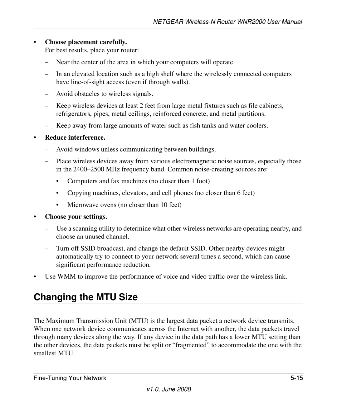 NETGEAR WNR2000-100NAS user manual Changing the MTU Size, Reduce interference 