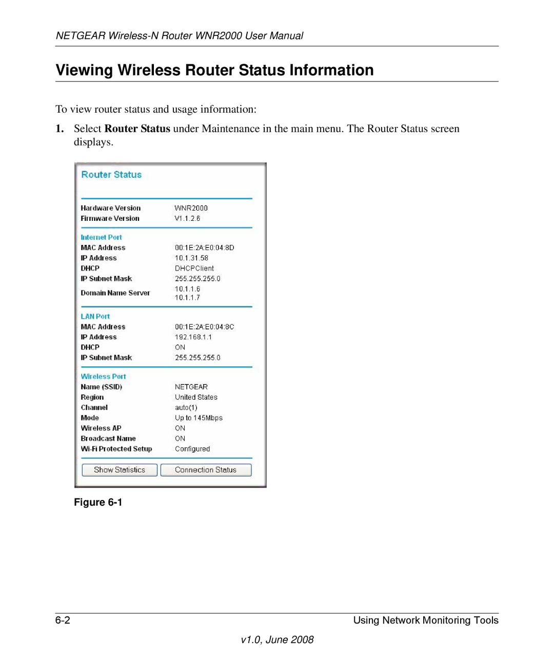 NETGEAR WNR2000-100NAS user manual Viewing Wireless Router Status Information 