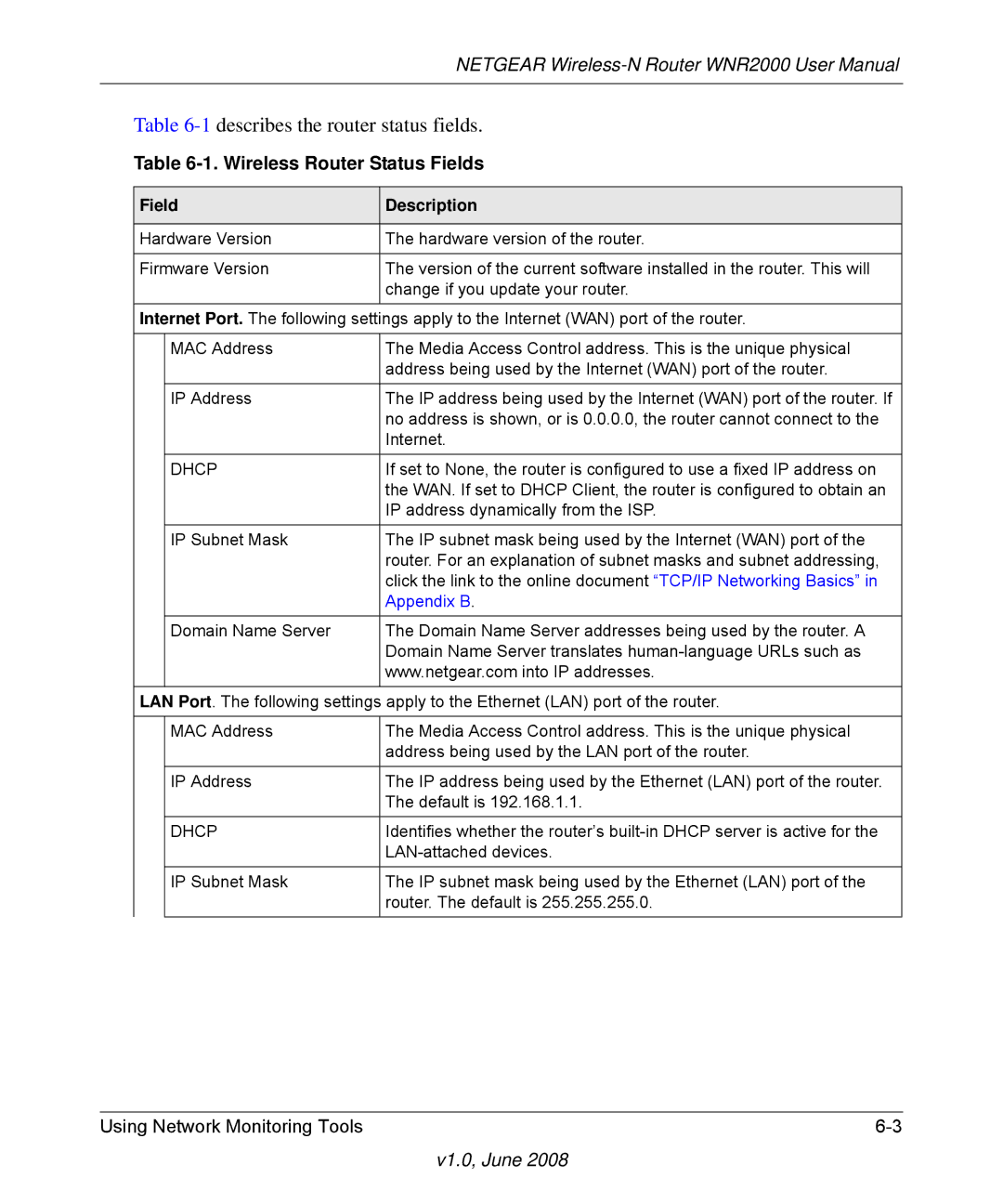 NETGEAR WNR2000-100NAS user manual 1describes the router status fields, Wireless Router Status Fields 