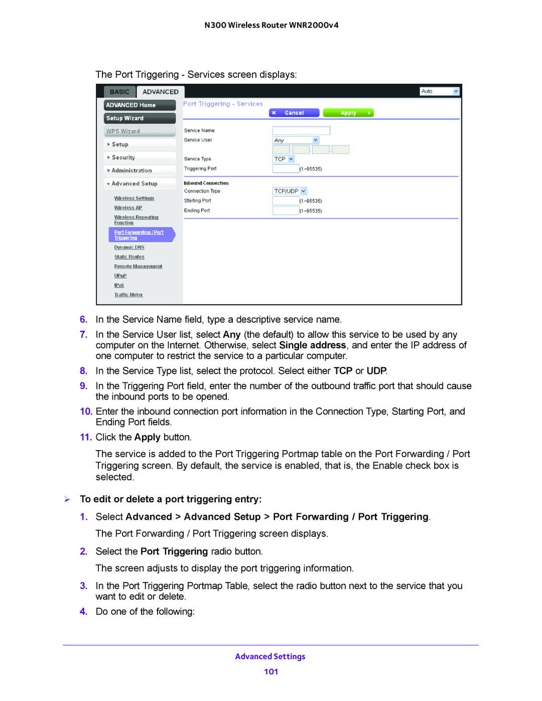 NETGEAR WNR2000-100FSS user manual Advanced Settings 101 