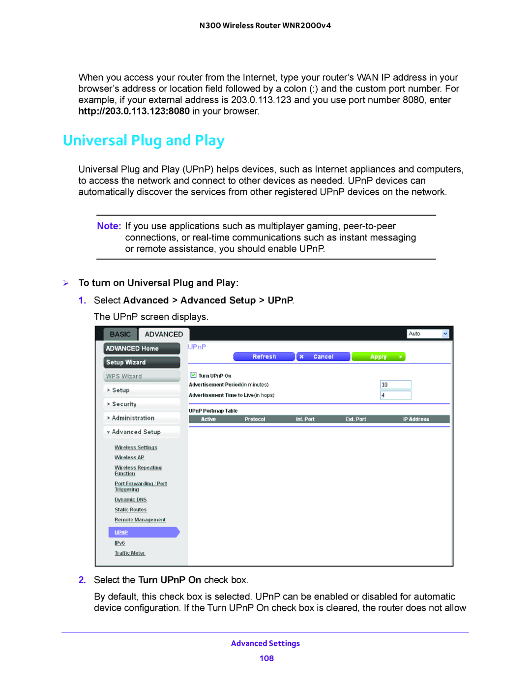 NETGEAR WNR2000-100FSS user manual Universal Plug and Play 