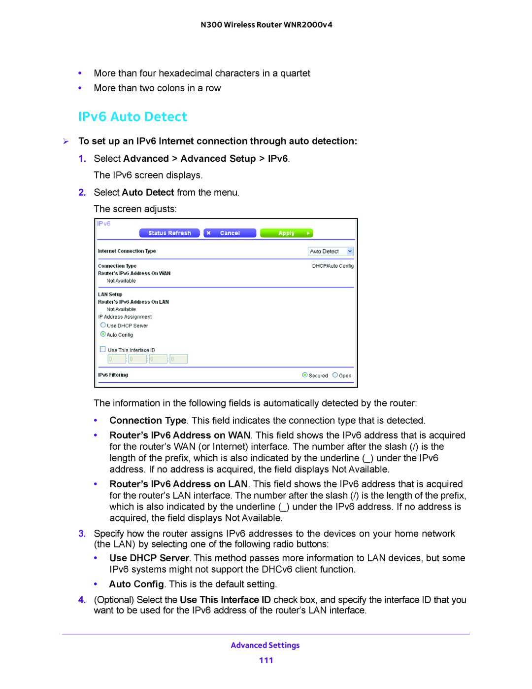 NETGEAR WNR2000-100FSS user manual IPv6 Auto Detect 