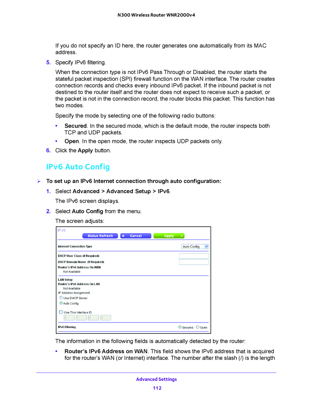 NETGEAR WNR2000-100FSS user manual IPv6 Auto Config 