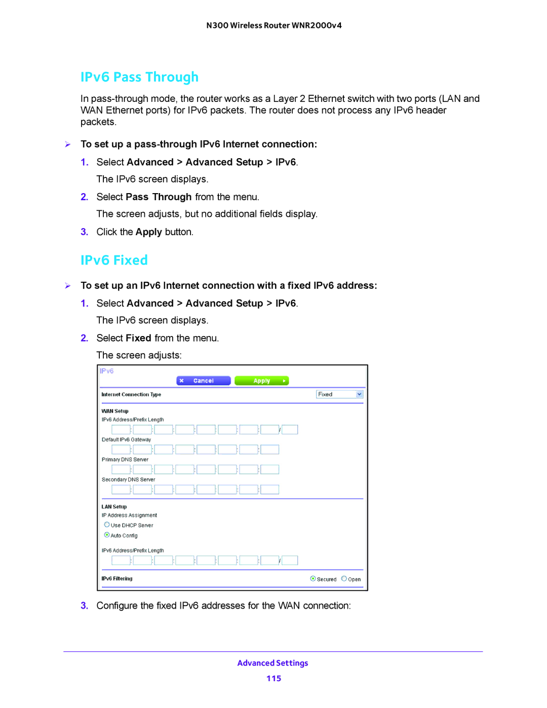 NETGEAR WNR2000-100FSS user manual IPv6 Pass Through, IPv6 Fixed 