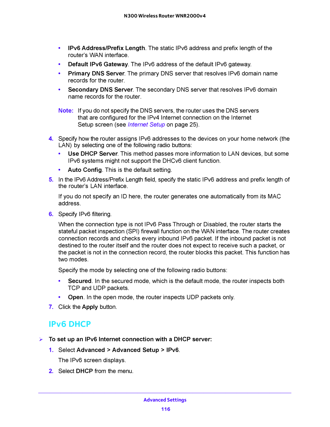 NETGEAR WNR2000-100FSS user manual IPv6 Dhcp 