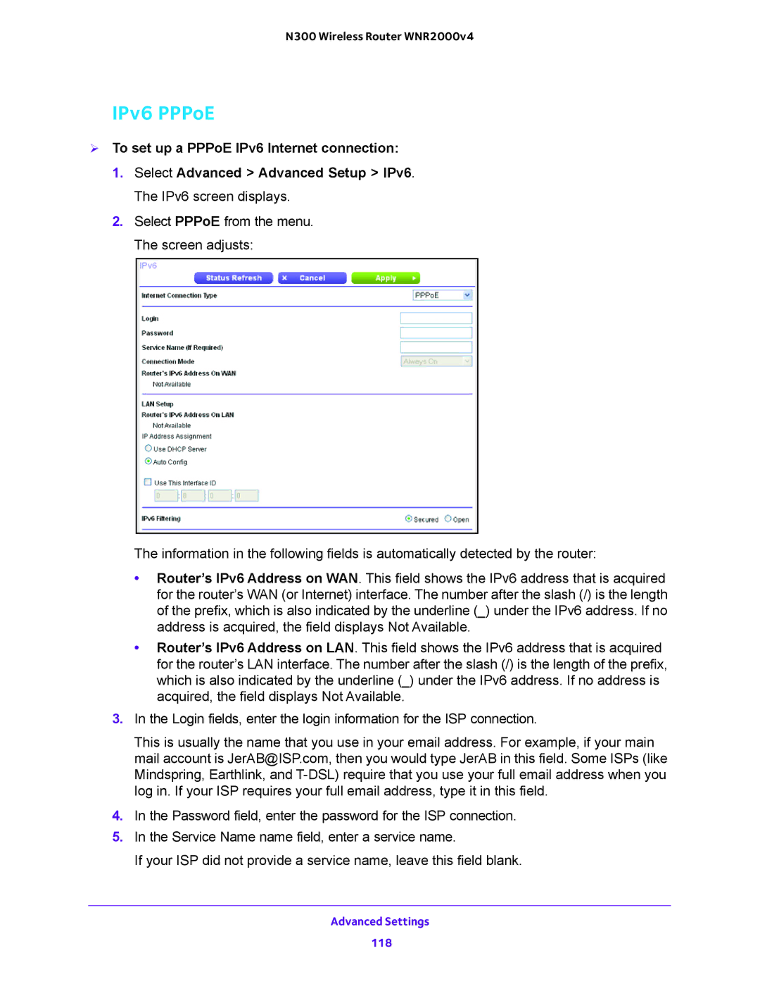 NETGEAR WNR2000-100FSS user manual IPv6 PPPoE 