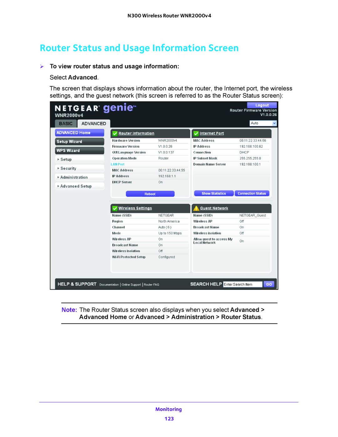 NETGEAR WNR2000-100FSS user manual Router Status and Usage Information Screen 