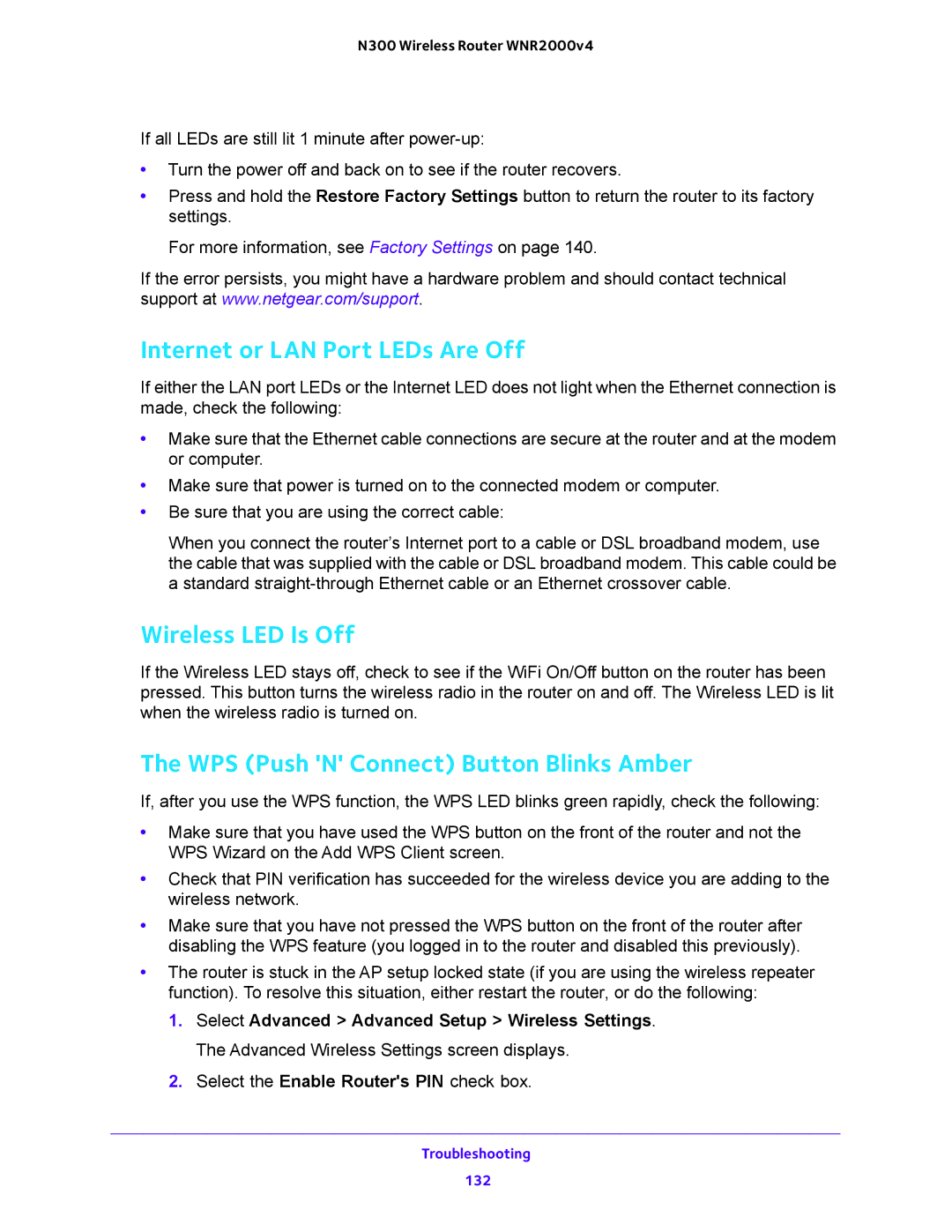 NETGEAR WNR2000 user manual Internet or LAN Port LEDs Are Off, Wireless LED Is Off, WPS Push N Connect Button Blinks Amber 