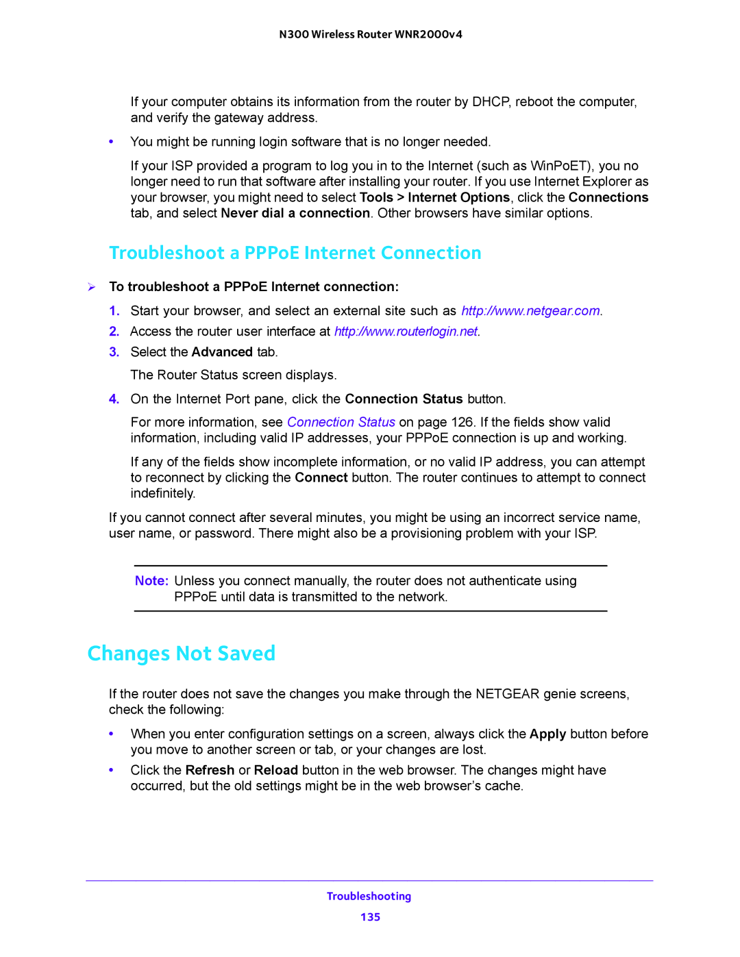 NETGEAR WNR2000-100FSS user manual Changes Not Saved, Troubleshoot a PPPoE Internet Connection 