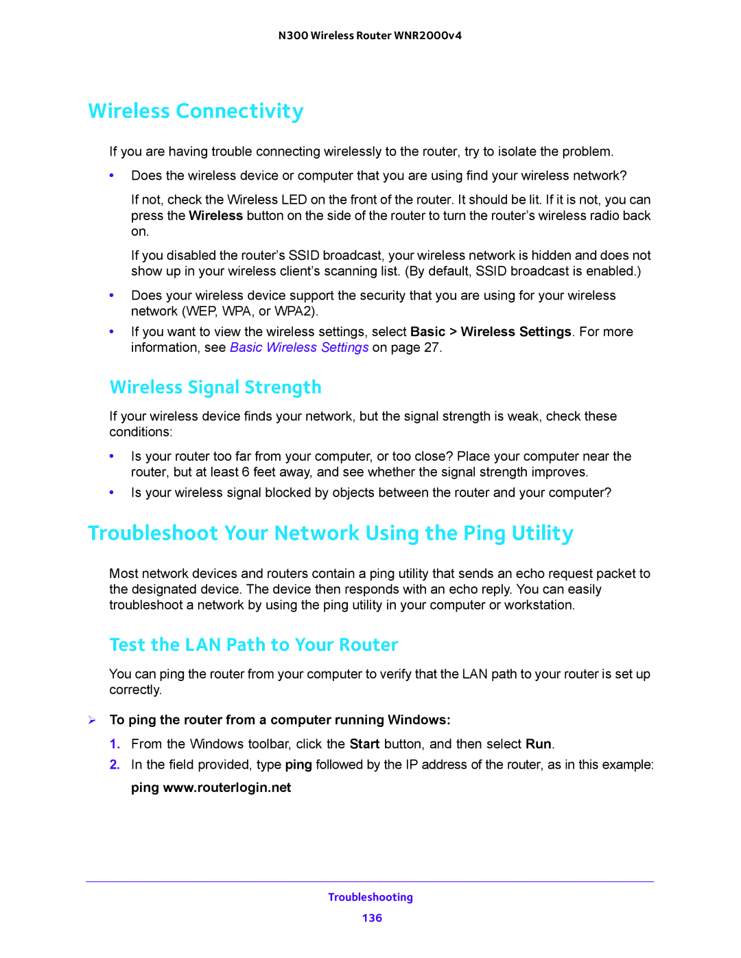 NETGEAR WNR2000 Wireless Connectivity, Troubleshoot Your Network Using the Ping Utility, Wireless Signal Strength 