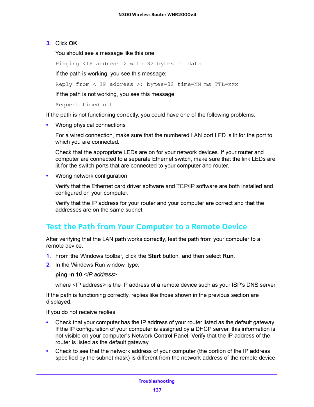 NETGEAR WNR2000-100FSS user manual Test the Path from Your Computer to a Remote Device, Request timed out 