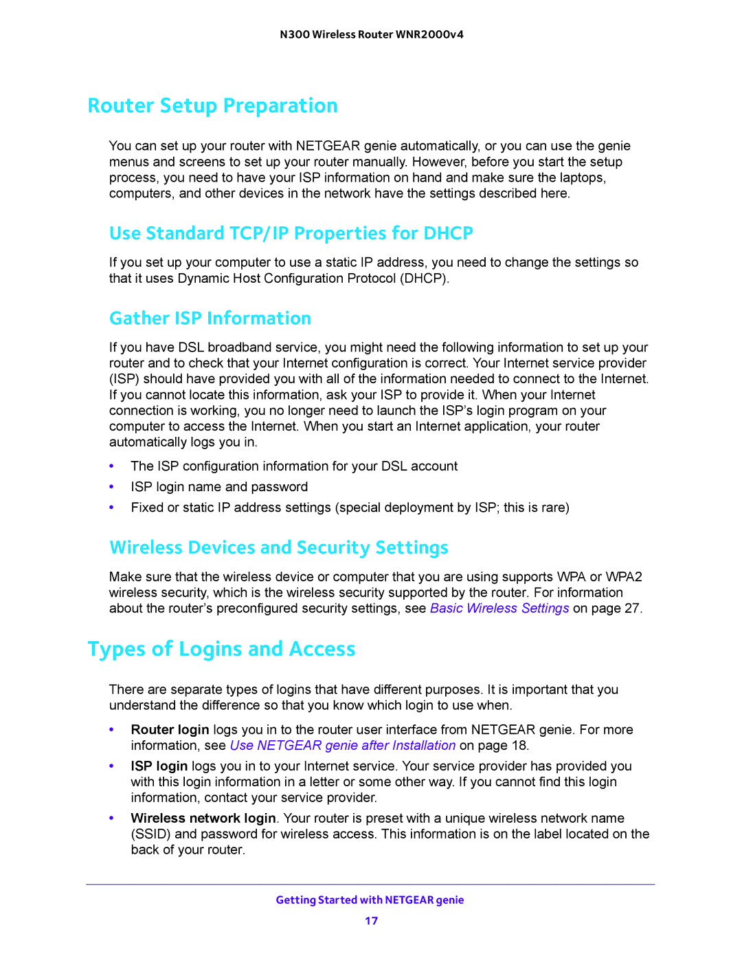 NETGEAR WNR2000-100FSS Router Setup Preparation, Types of Logins and Access, Use Standard TCP/IP Properties for Dhcp 