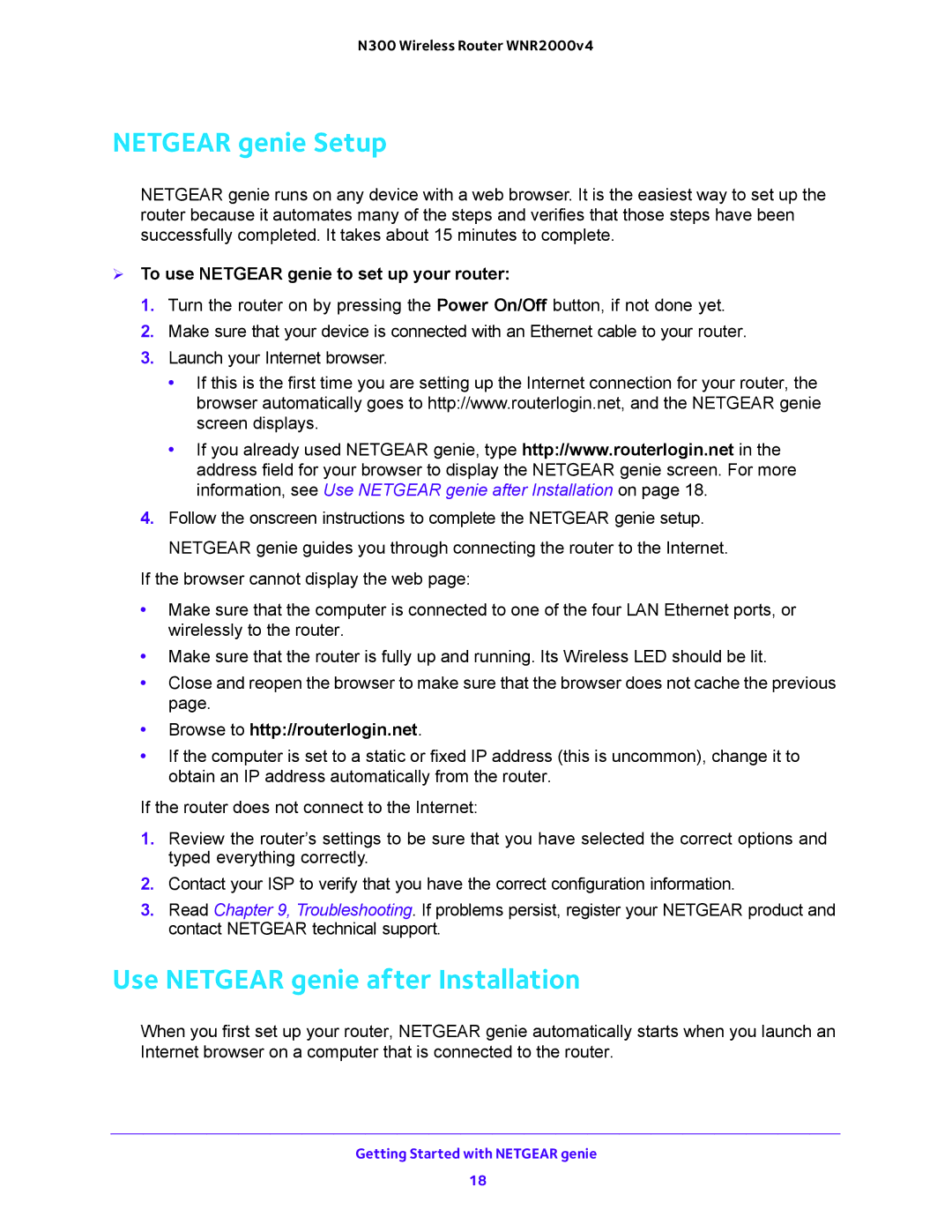 NETGEAR WNR2000 Netgear genie Setup, Use Netgear genie after Installation,  To use Netgear genie to set up your router 