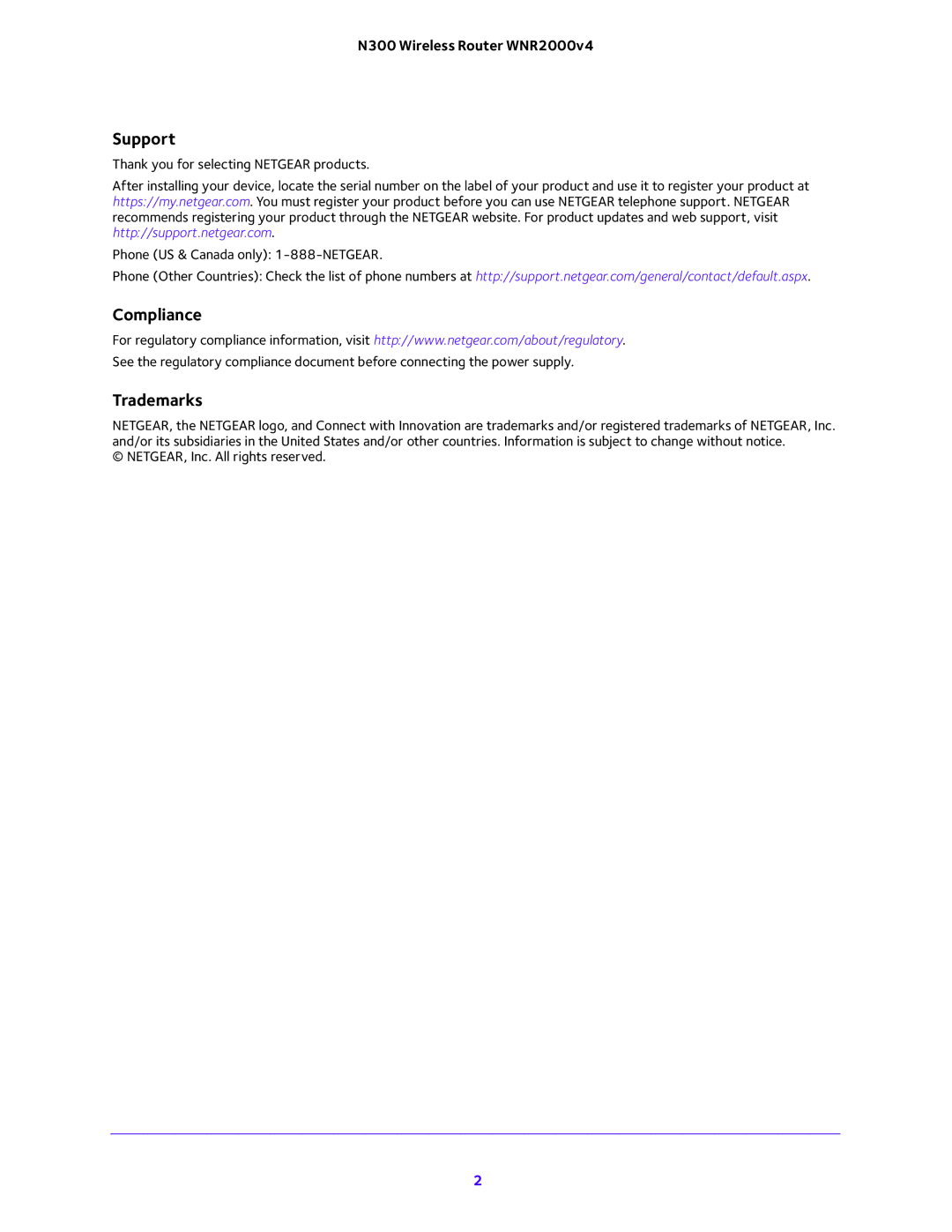 NETGEAR WNR2000-100FSS user manual Support, Compliance, Trademarks 