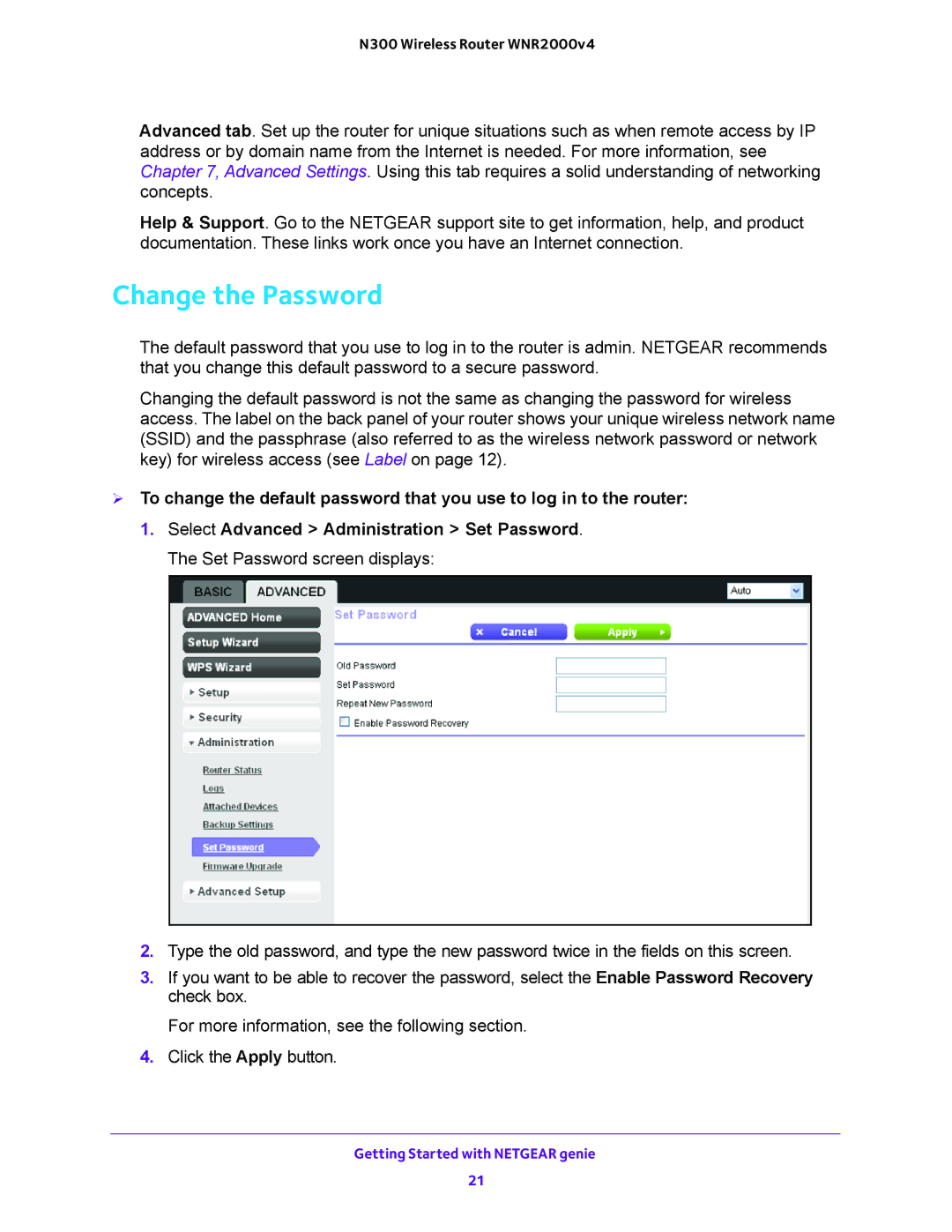 NETGEAR WNR2000-100FSS user manual Change the Password 