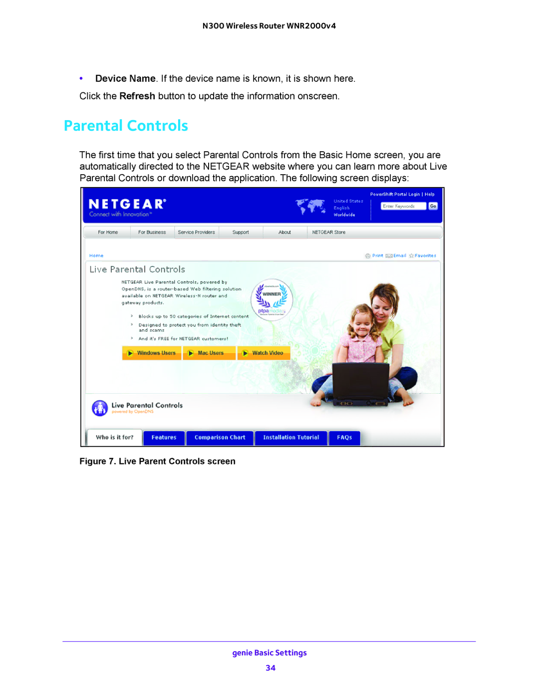 NETGEAR WNR2000-100FSS user manual Parental Controls, Live Parent Controls screen 