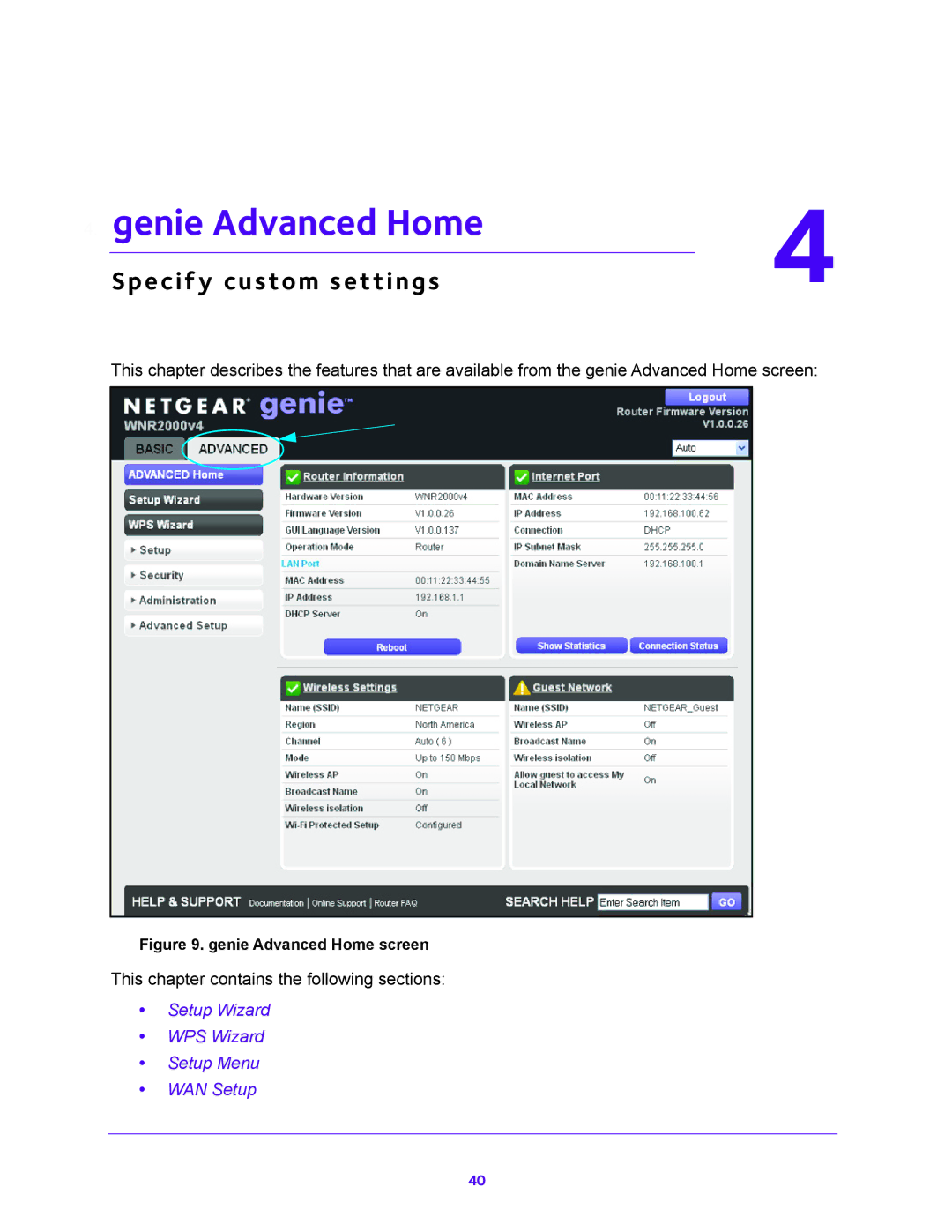 NETGEAR WNR2000-100FSS user manual Genie Advanced Home, Specify custom settings 