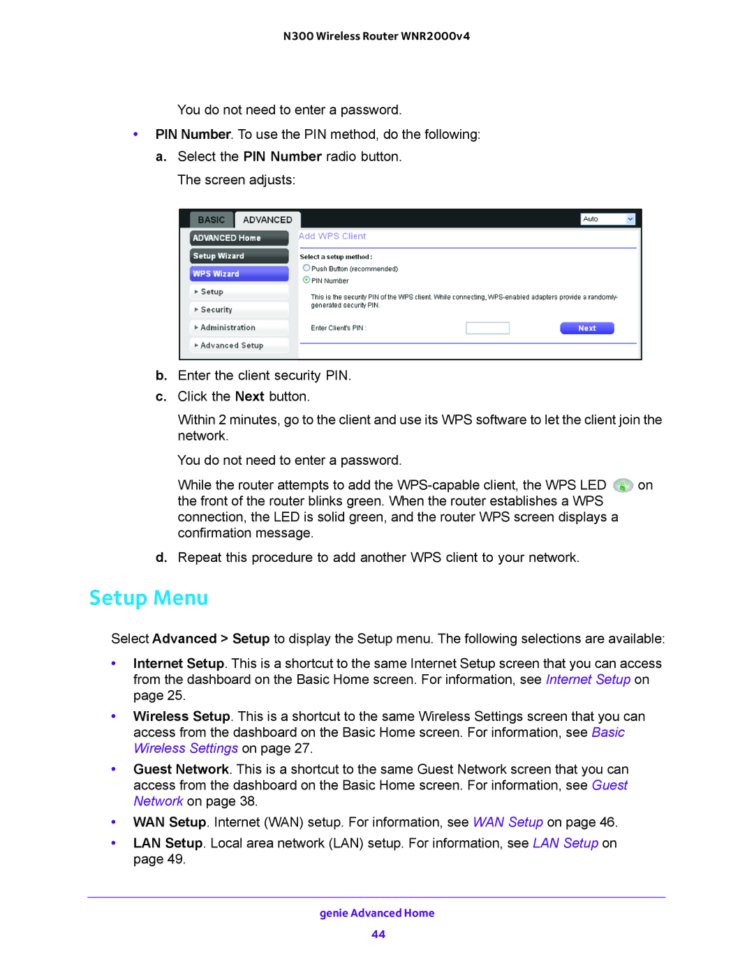 NETGEAR WNR2000-100FSS user manual Setup Menu 