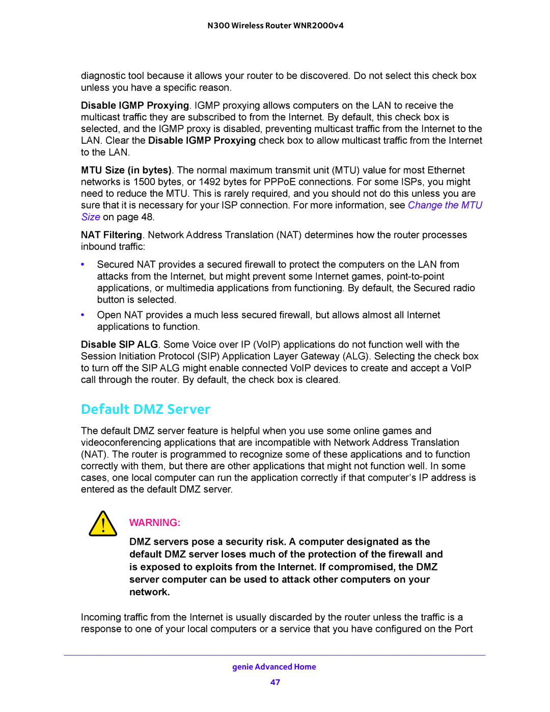 NETGEAR WNR2000-100FSS user manual Default DMZ Server 