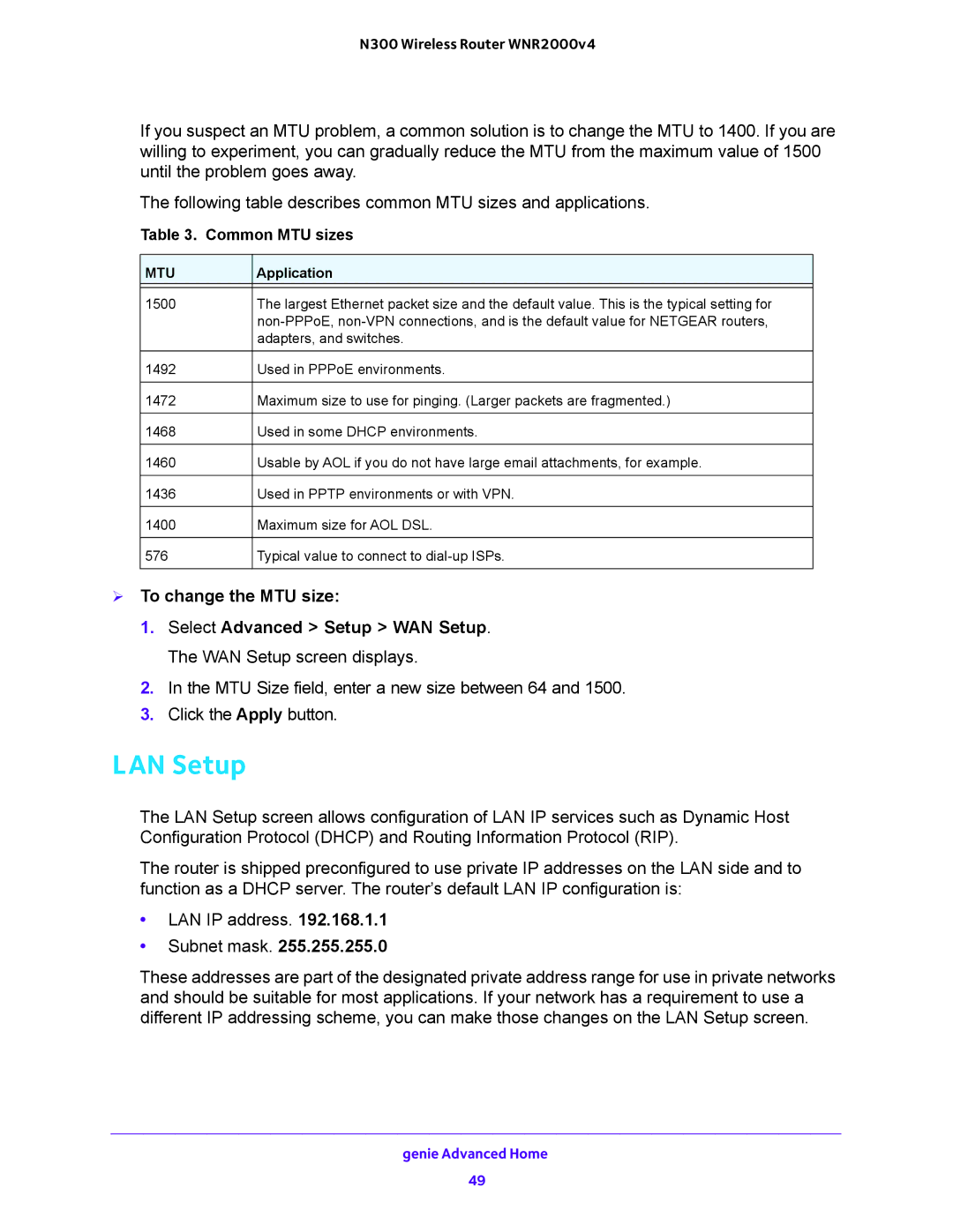 NETGEAR WNR2000-100FSS user manual LAN Setup, Common MTU sizes 