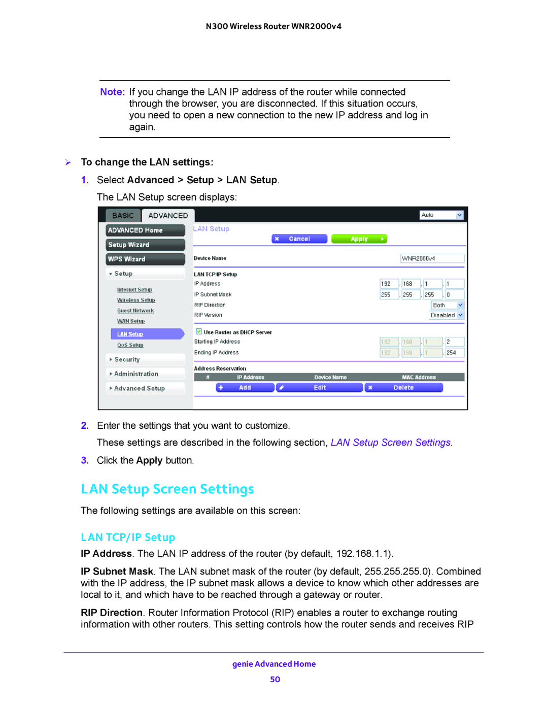 NETGEAR WNR2000-100FSS user manual LAN Setup Screen Settings, LAN TCP/IP Setup 