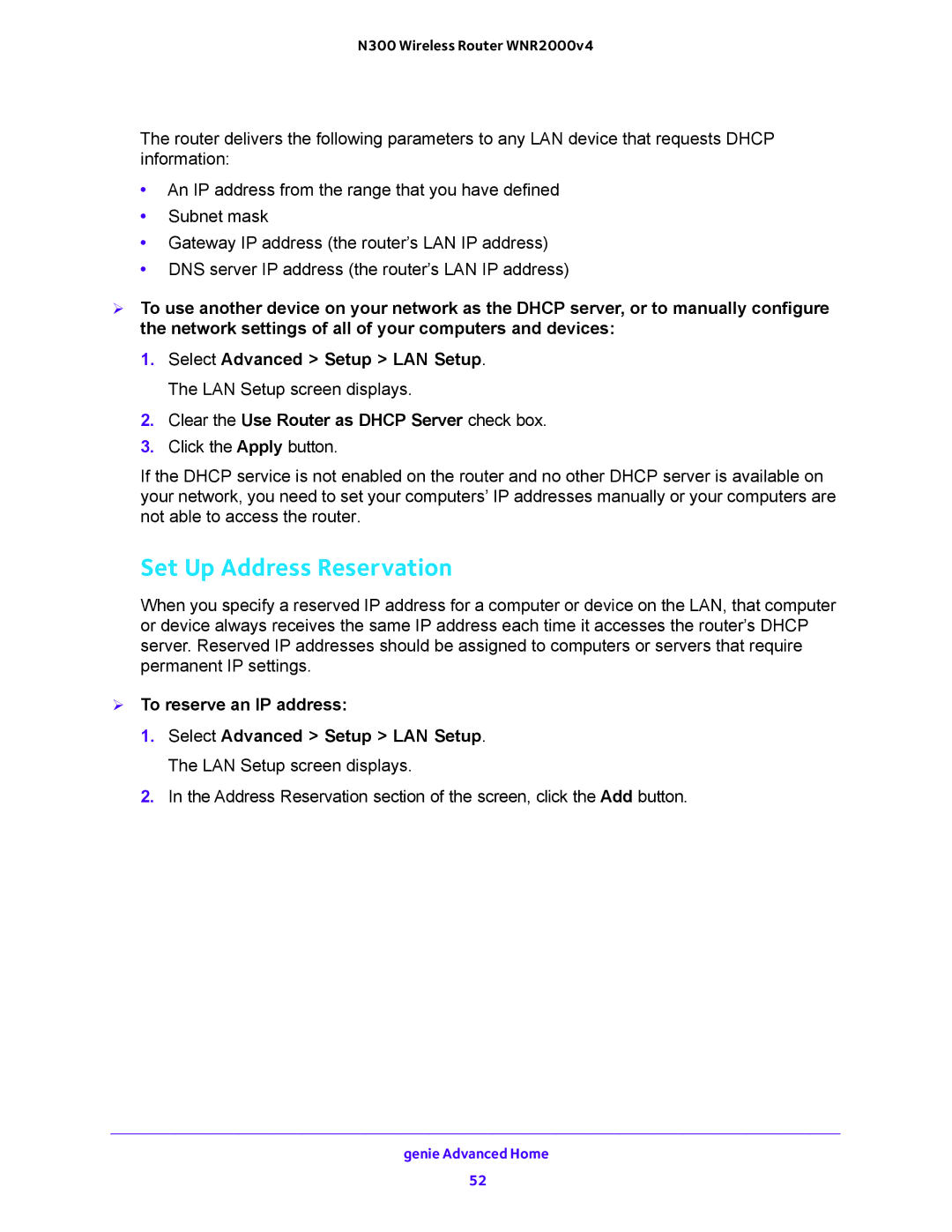 NETGEAR WNR2000-100FSS user manual Set Up Address Reservation, Clear the Use Router as Dhcp Server check box 