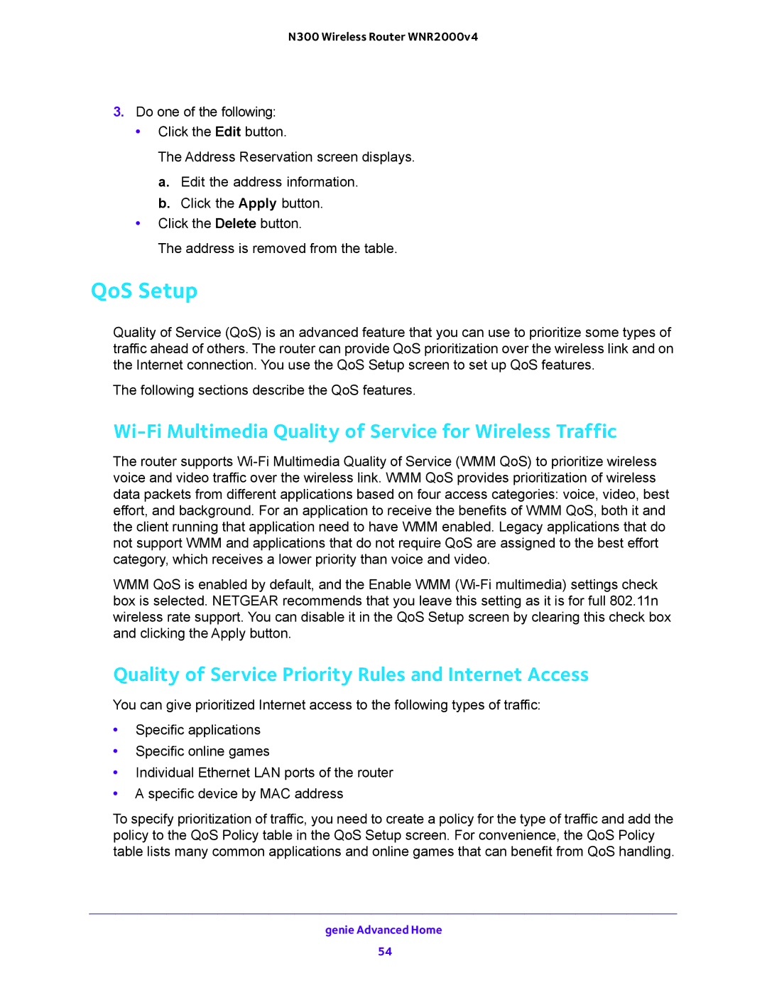 NETGEAR WNR2000-100FSS user manual QoS Setup, Wi-Fi Multimedia Quality of Service for Wireless Traffic 