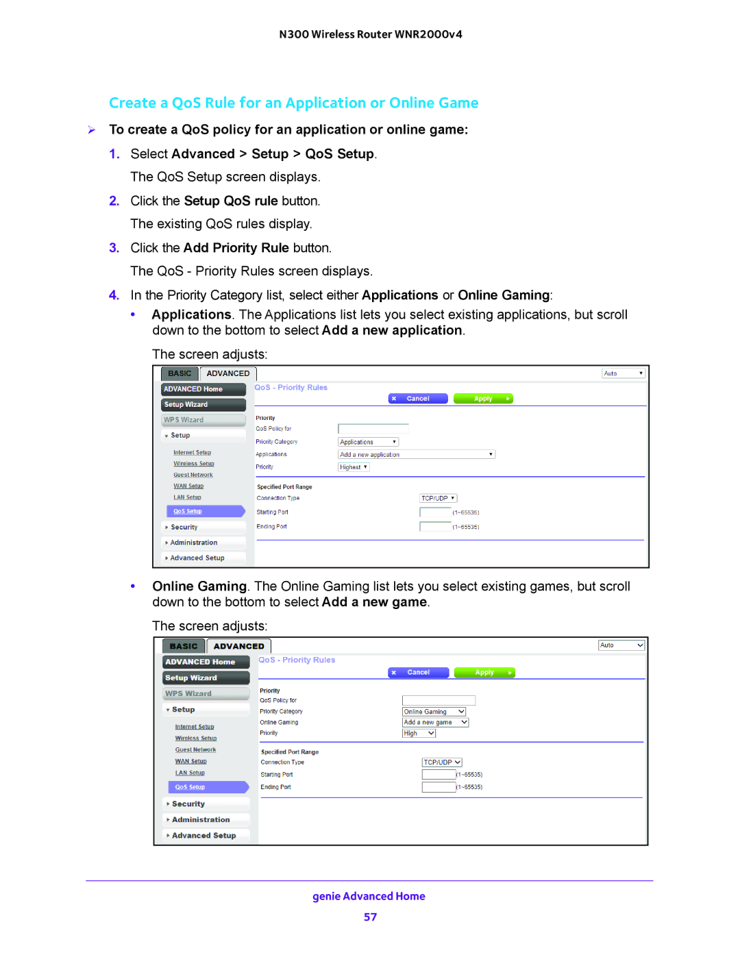 NETGEAR WNR2000-100FSS user manual Create a QoS Rule for an Application or Online Game, Click the Add Priority Rule button 