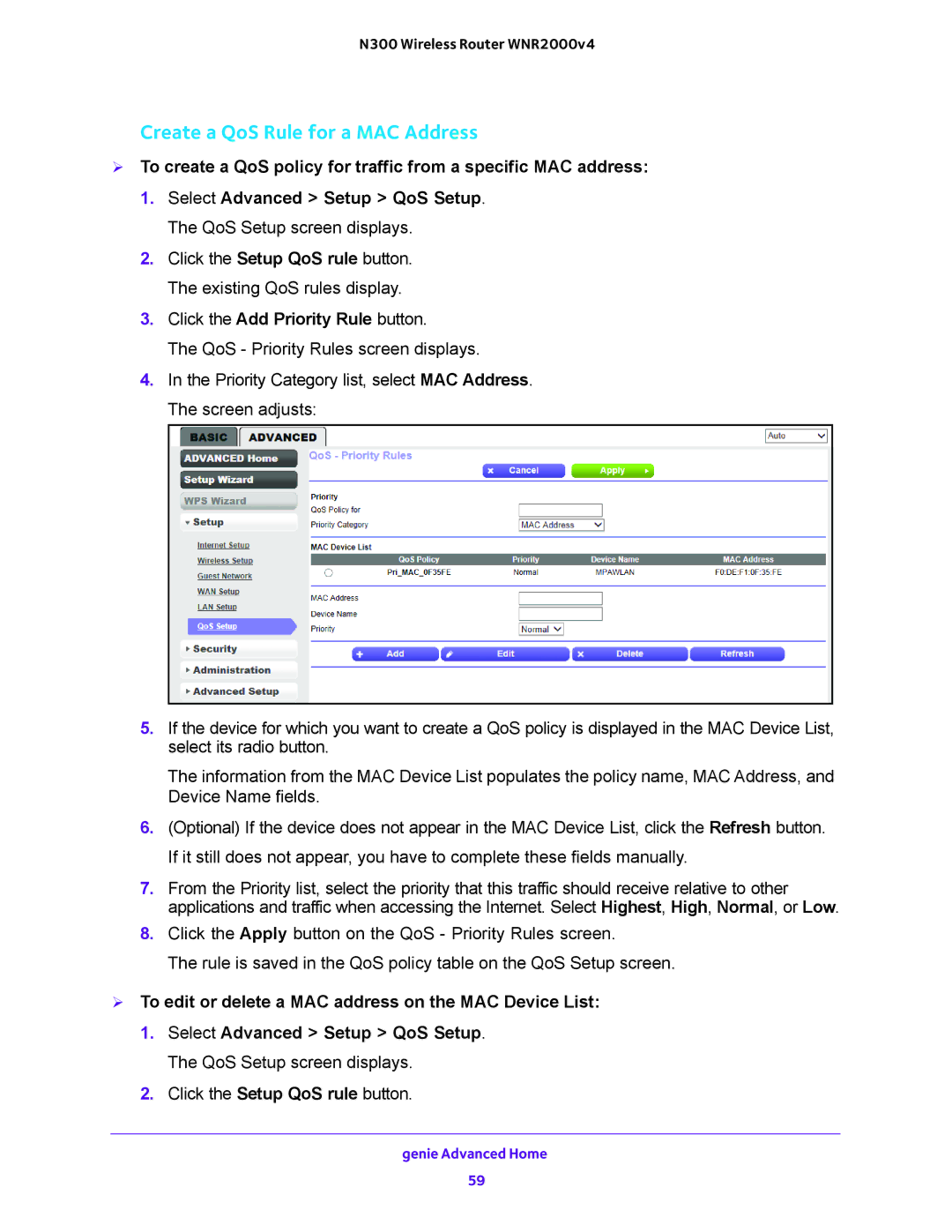 NETGEAR WNR2000-100FSS user manual Create a QoS Rule for a MAC Address 