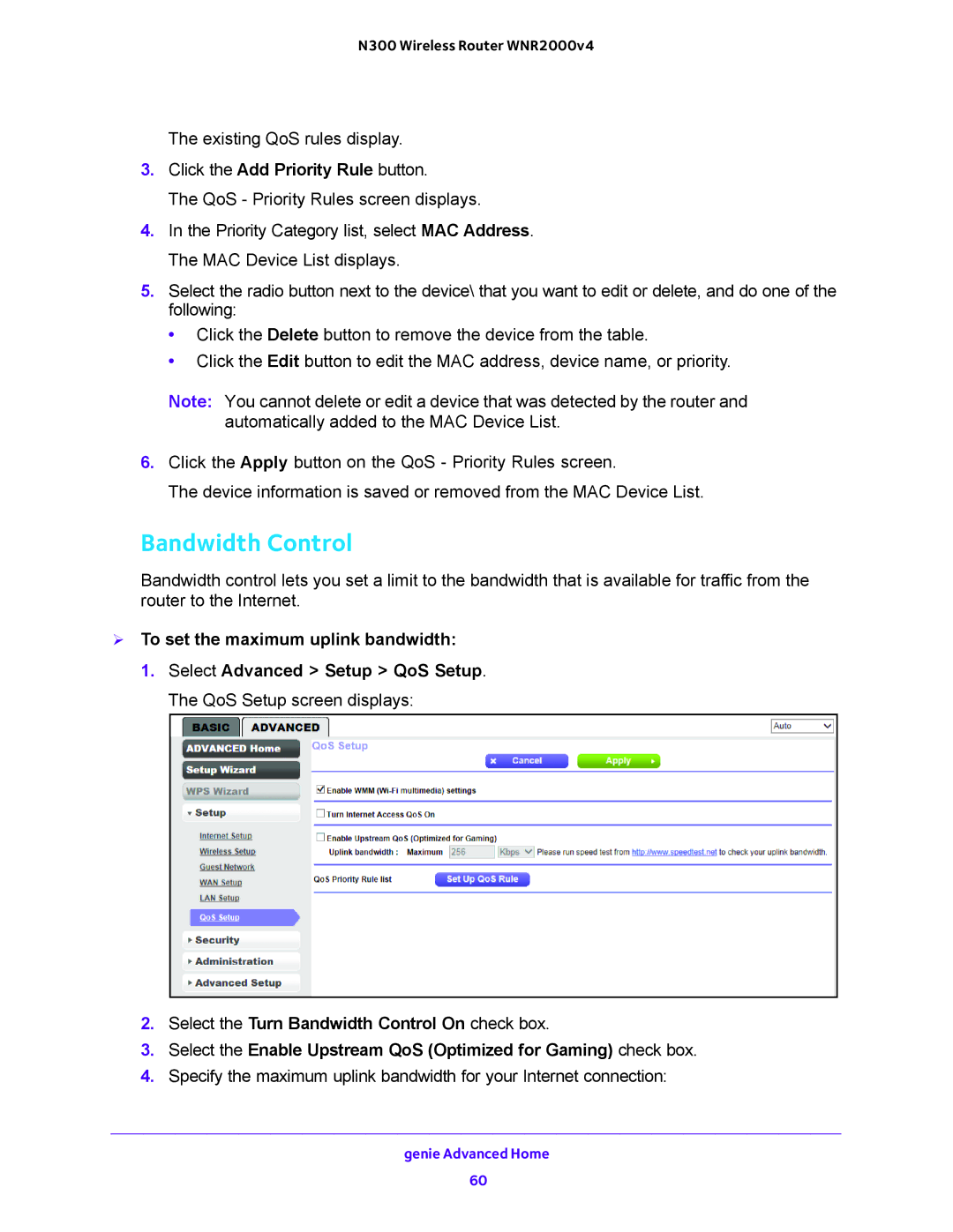 NETGEAR WNR2000-100FSS user manual Bandwidth Control 