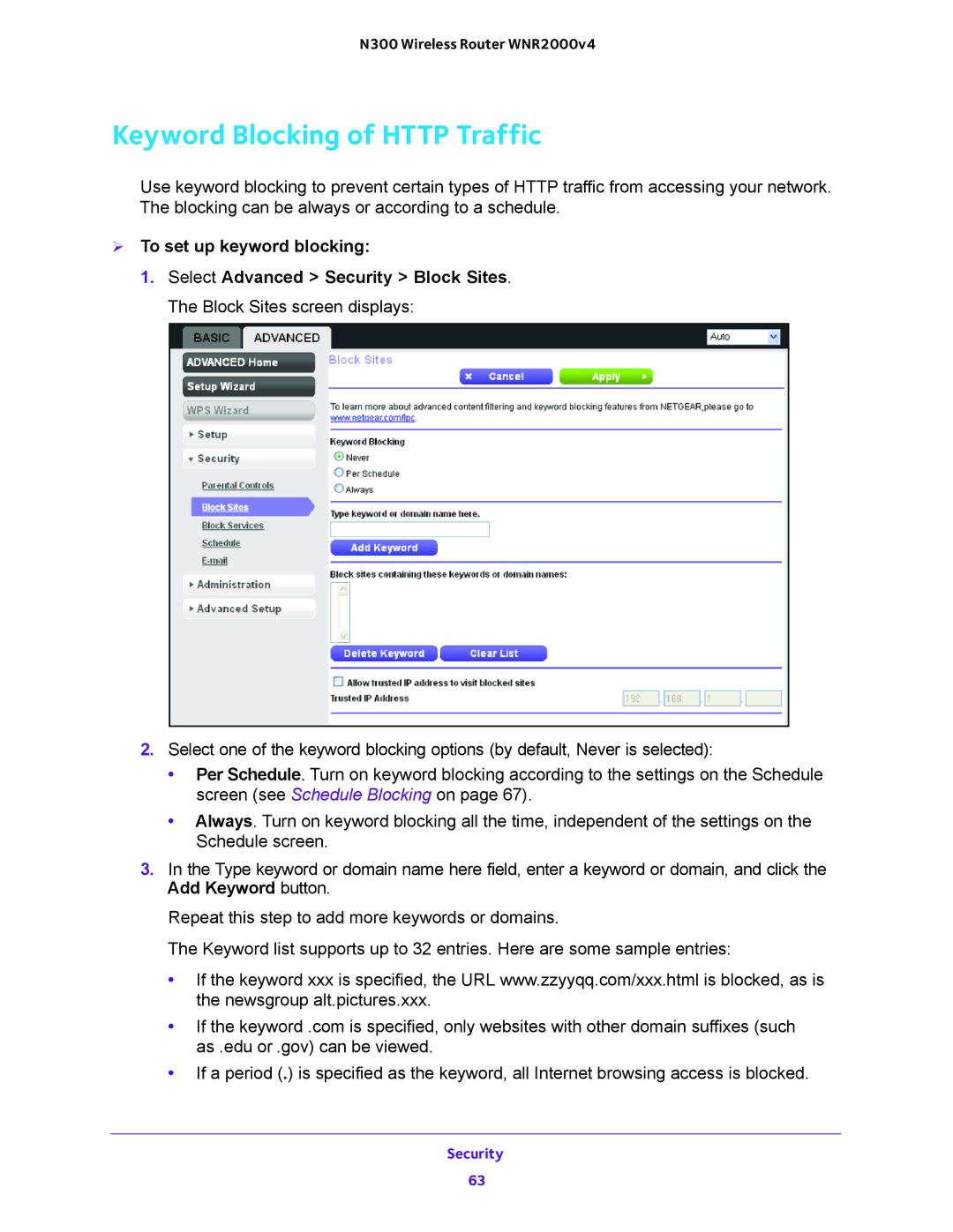 NETGEAR WNR2000-100FSS user manual Keyword Blocking of Http Traffic 