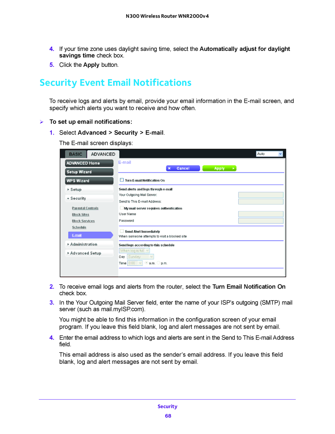 NETGEAR WNR2000-100FSS user manual Security Event Email Notifications 