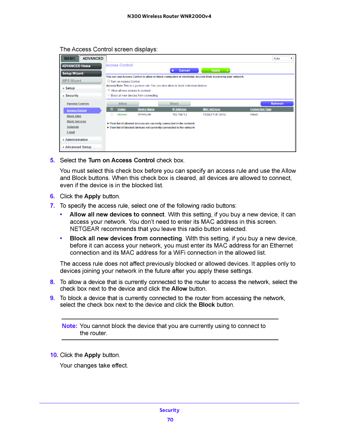 NETGEAR WNR2000-100FSS user manual Select the Turn on Access Control check box 