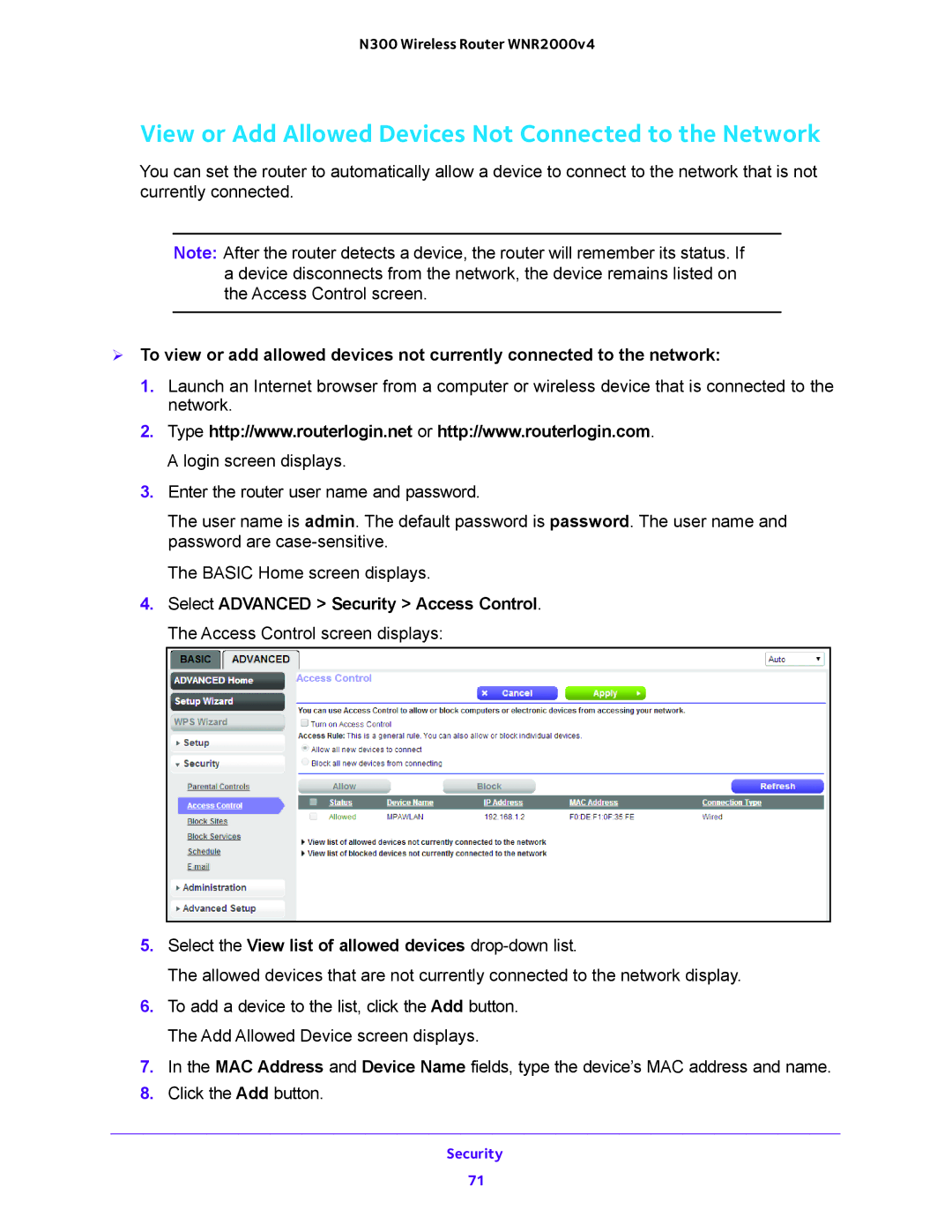 NETGEAR WNR2000-100FSS user manual View or Add Allowed Devices Not Connected to the Network 