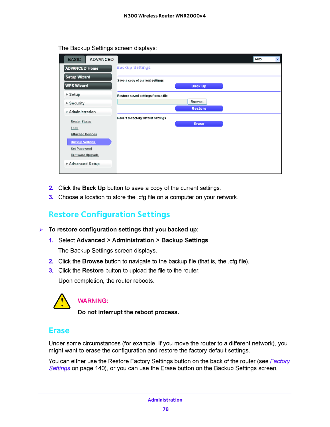 NETGEAR WNR2000-100FSS user manual Restore Configuration Settings, Erase, Do not interrupt the reboot process 