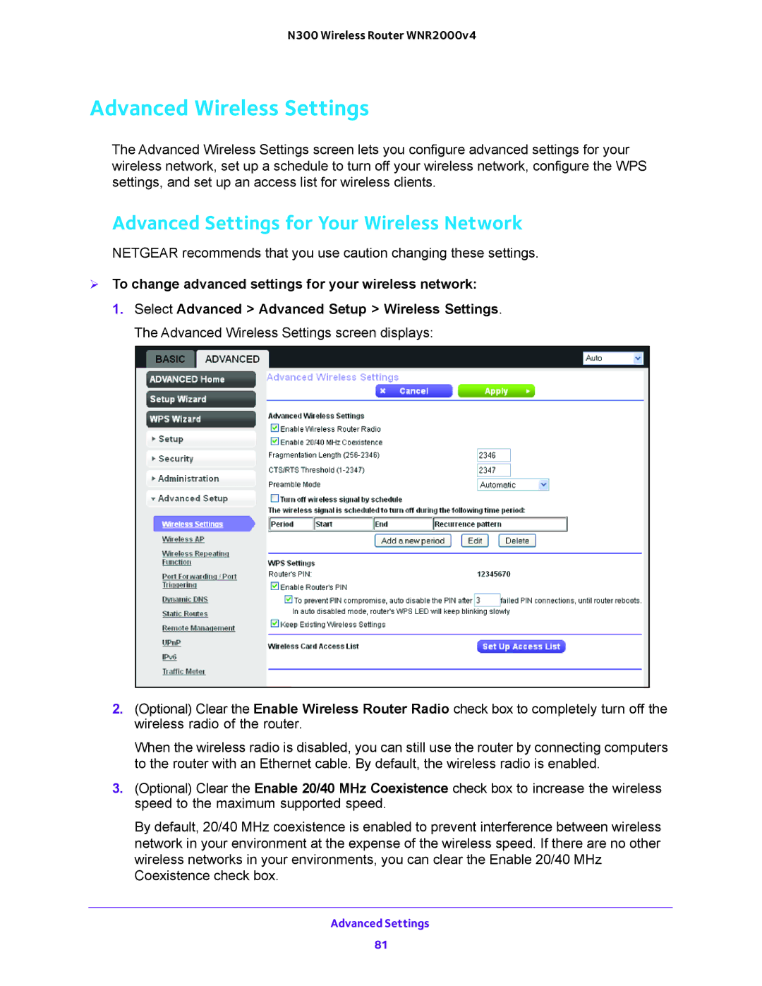 NETGEAR WNR2000-100FSS user manual Advanced Wireless Settings, Advanced Settings for Your Wireless Network 