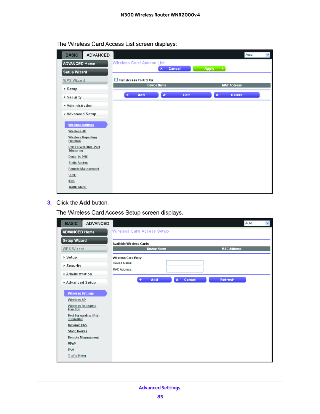 NETGEAR WNR2000-100FSS user manual Advanced Settings 