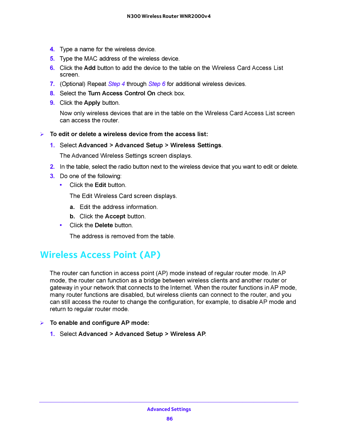 NETGEAR WNR2000-100FSS user manual Wireless Access Point AP, Select the Turn Access Control On check box 